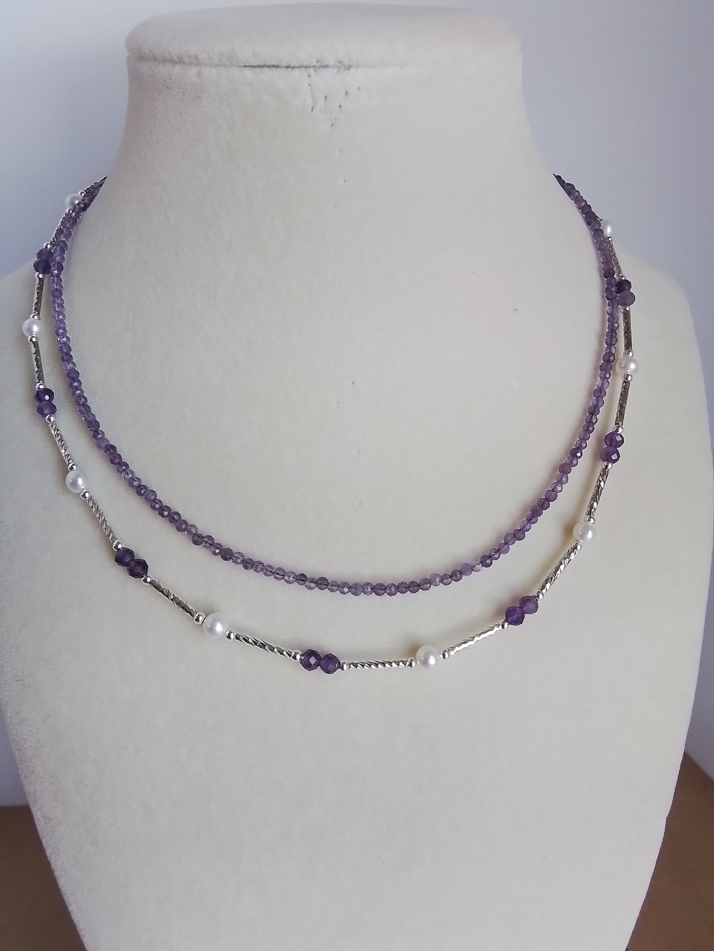 Elegant Amethyst Beaded Layered Necklace Set with Pearls